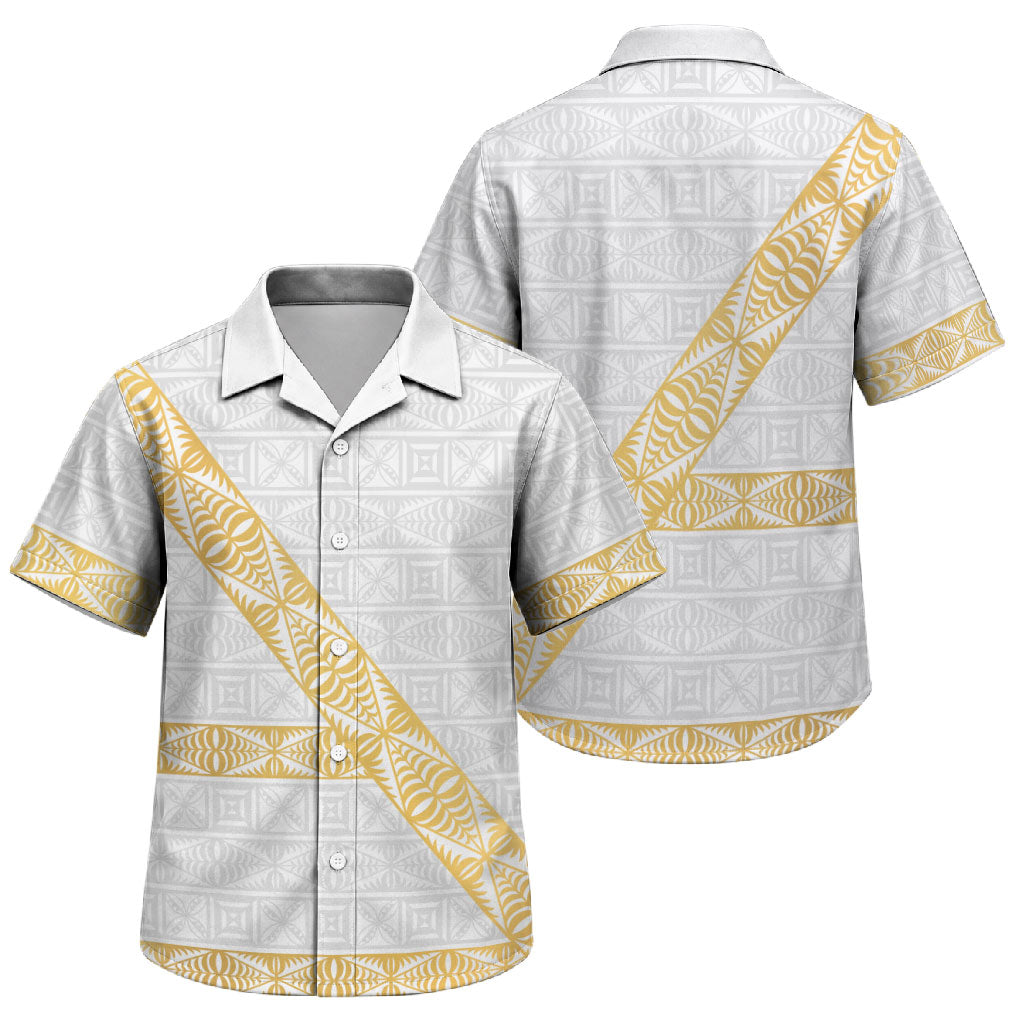 Tonga White Sunday Family Matching Off The Shoulder Long Sleeve Dress and Hawaiian Shirt Fakame Tongan Ngatu Pattern Gold Strips LT14 Son's Shirt White - Polynesian Pride