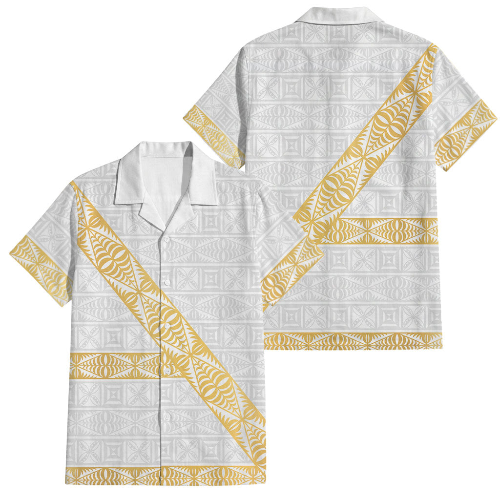Tonga White Sunday Family Matching Summer Maxi Dress and Hawaiian Shirt Fakame Tongan Ngatu Pattern Gold Strips LT14 Dad's Shirt - Short Sleeve White - Polynesian Pride