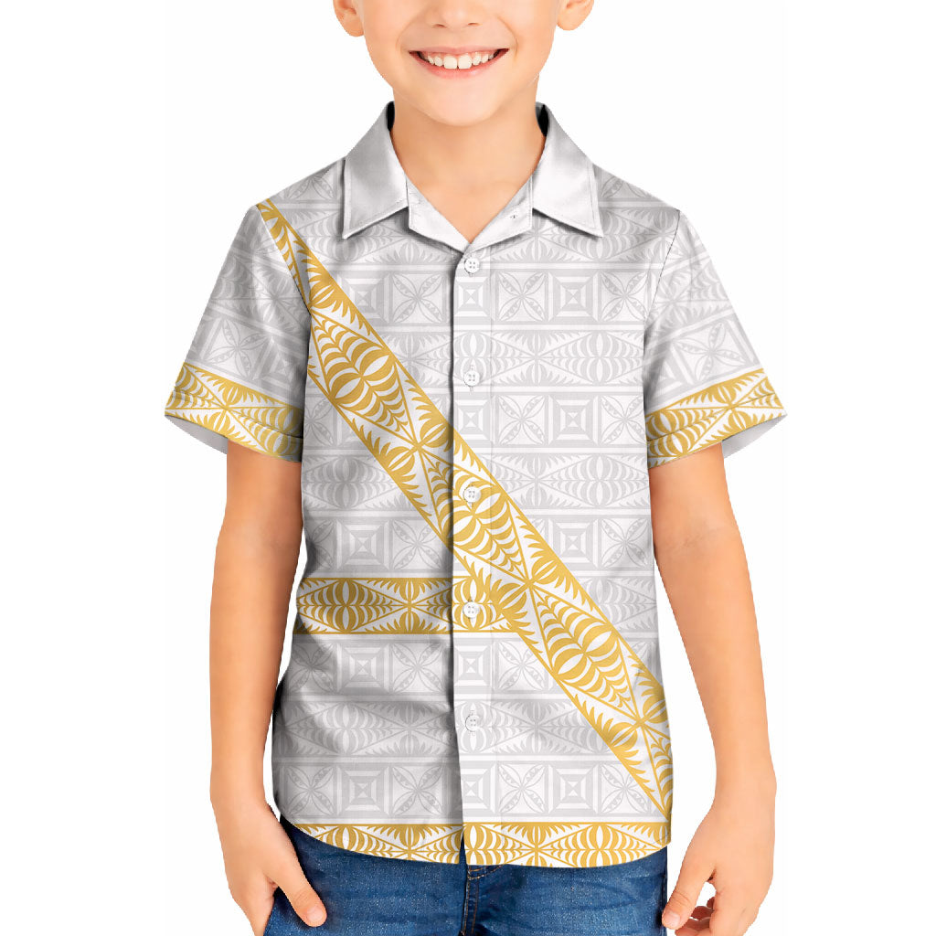 Tonga White Sunday Kid Hawaiian Shirt Fakame Tongan Ngatu Pattern Gold Strips