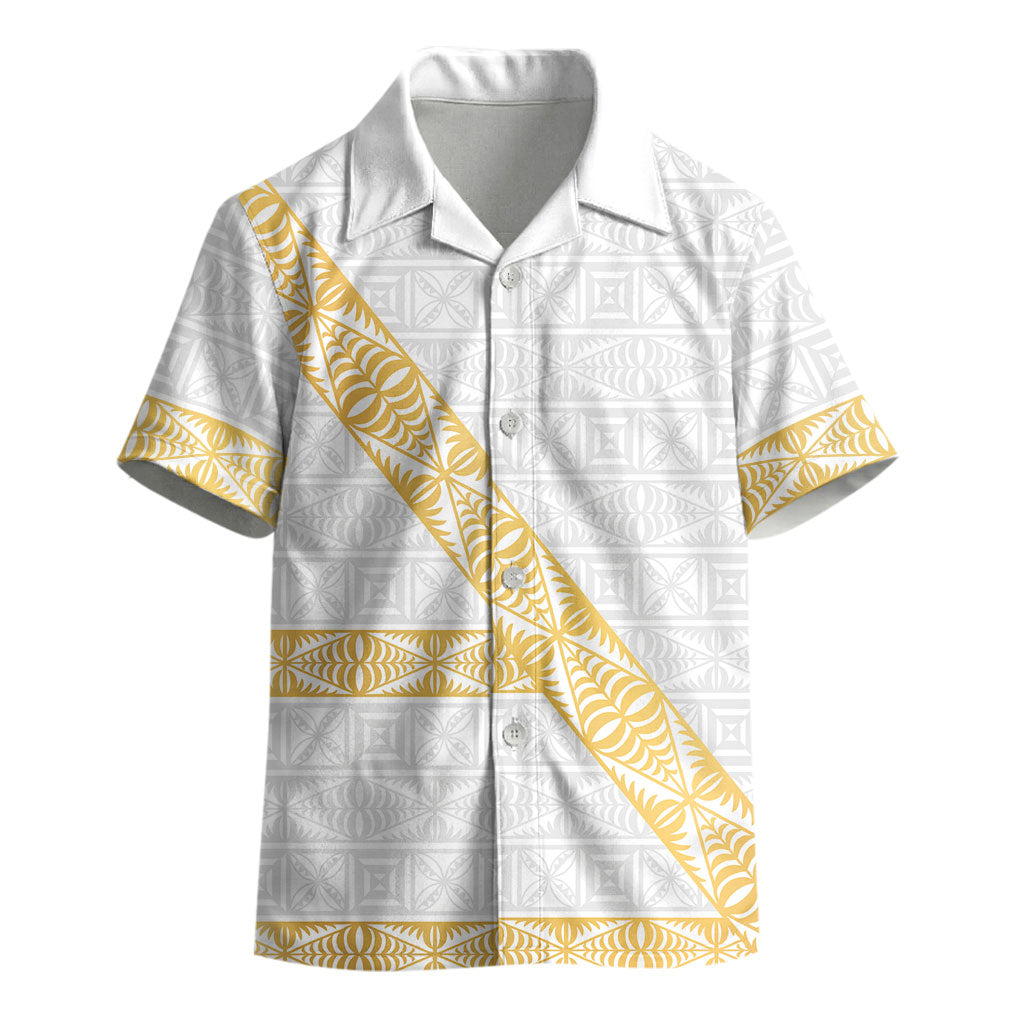 Tonga White Sunday Kid Hawaiian Shirt Fakame Tongan Ngatu Pattern Gold Strips