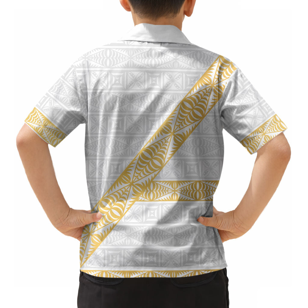 Tonga White Sunday Kid Hawaiian Shirt Fakame Tongan Ngatu Pattern Gold Strips