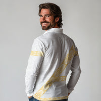 Tonga White Sunday Long Sleeve Polo Shirt Fakame Tongan Ngatu Pattern Gold Strips LT14 - Polynesian Pride
