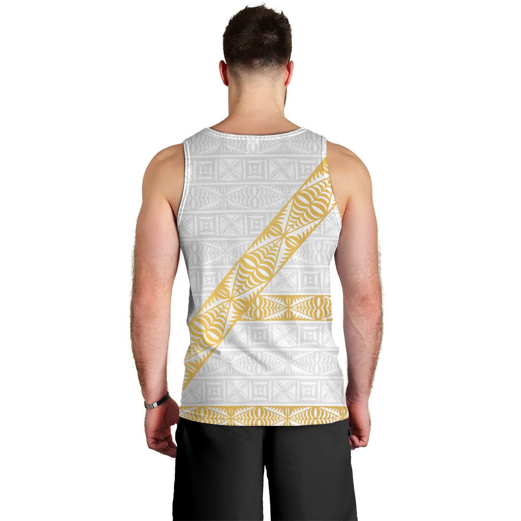 Tonga White Sunday Men Tank Top Fakame Tongan Ngatu Pattern Gold Strips LT14 - Polynesian Pride