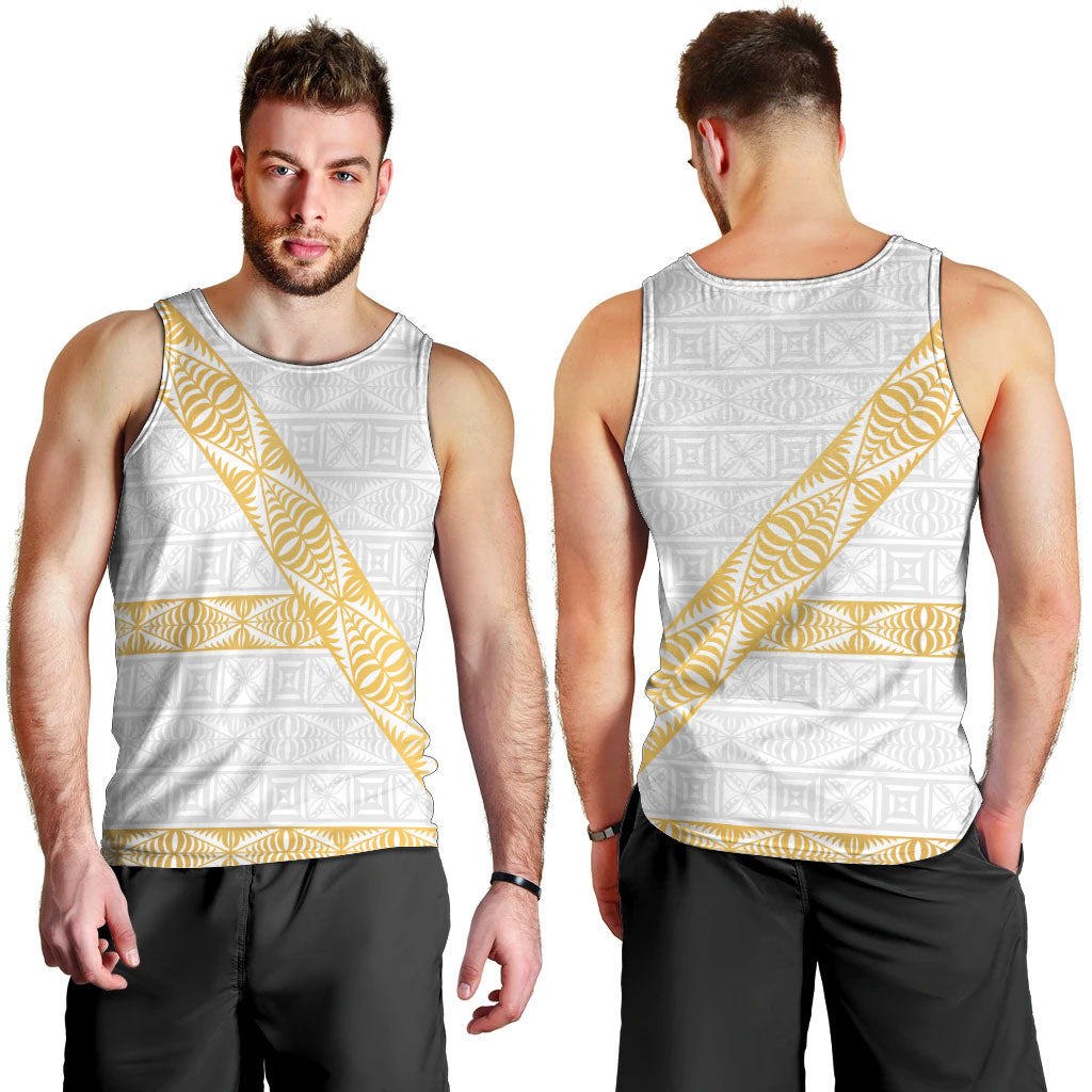 Tonga White Sunday Men Tank Top Fakame Tongan Ngatu Pattern Gold Strips LT14 - Polynesian Pride