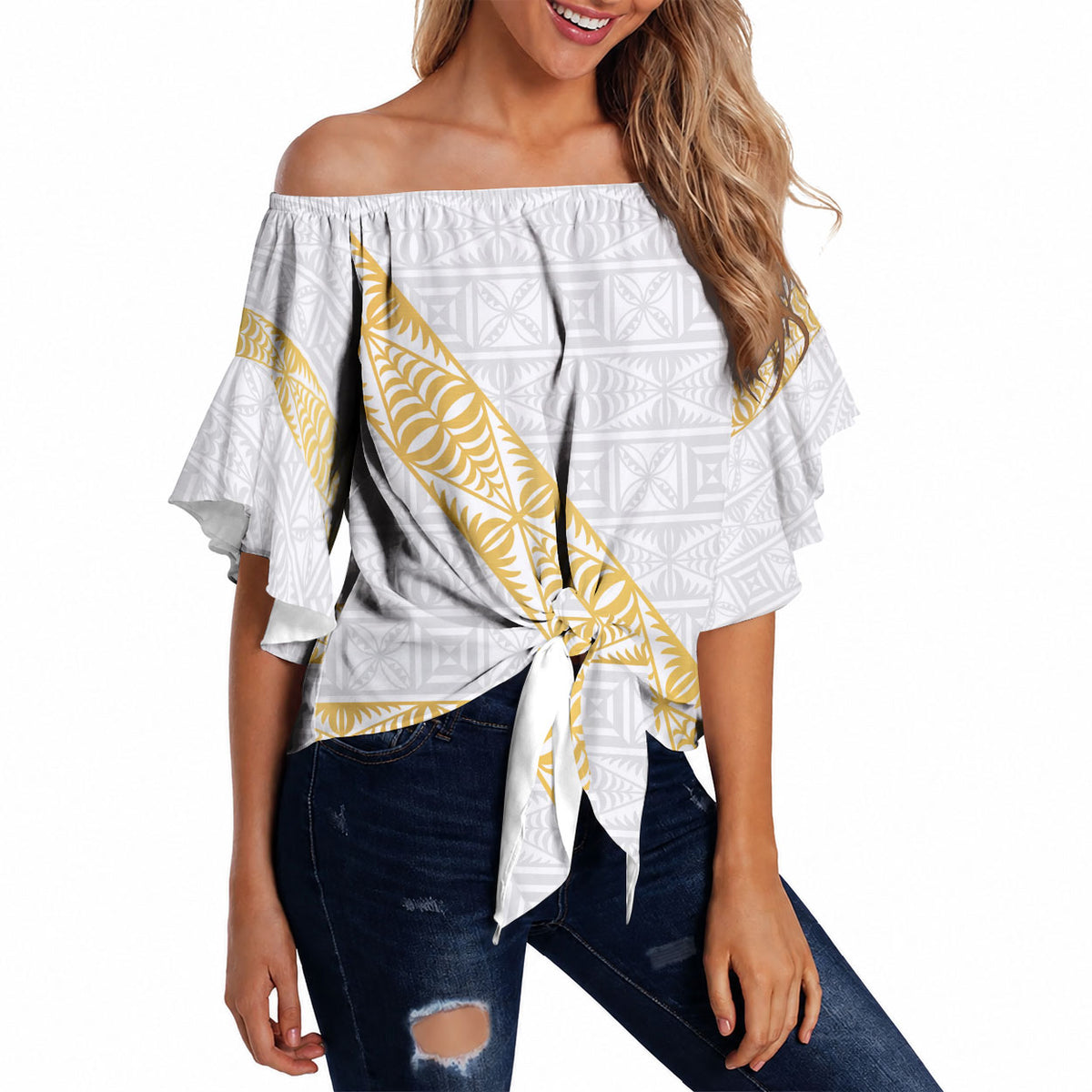 Tonga White Sunday Off Shoulder Wrap Waist Top Fakame Tongan Ngatu Pattern Gold Strips