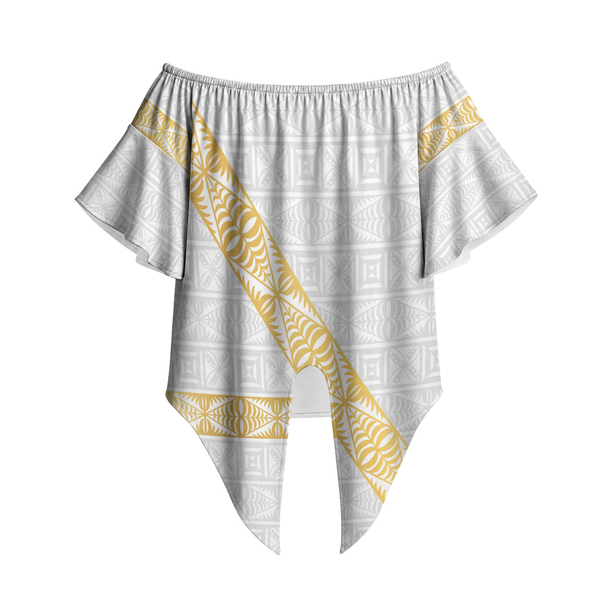 Tonga White Sunday Off Shoulder Wrap Waist Top Fakame Tongan Ngatu Pattern Gold Strips