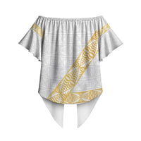 Tonga White Sunday Off Shoulder Wrap Waist Top Fakame Tongan Ngatu Pattern Gold Strips
