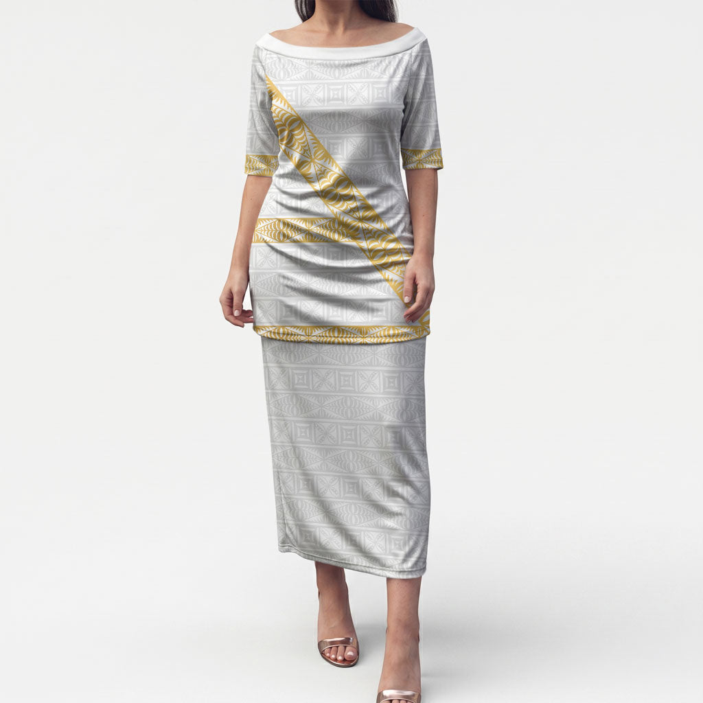 Tonga White Sunday Puletasi Fakame Tongan Ngatu Pattern Gold Strips LT14 Long Dress White - Polynesian Pride