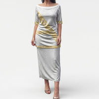 Tonga White Sunday Puletasi Fakame Tongan Ngatu Pattern Gold Strips LT14 Long Dress White - Polynesian Pride