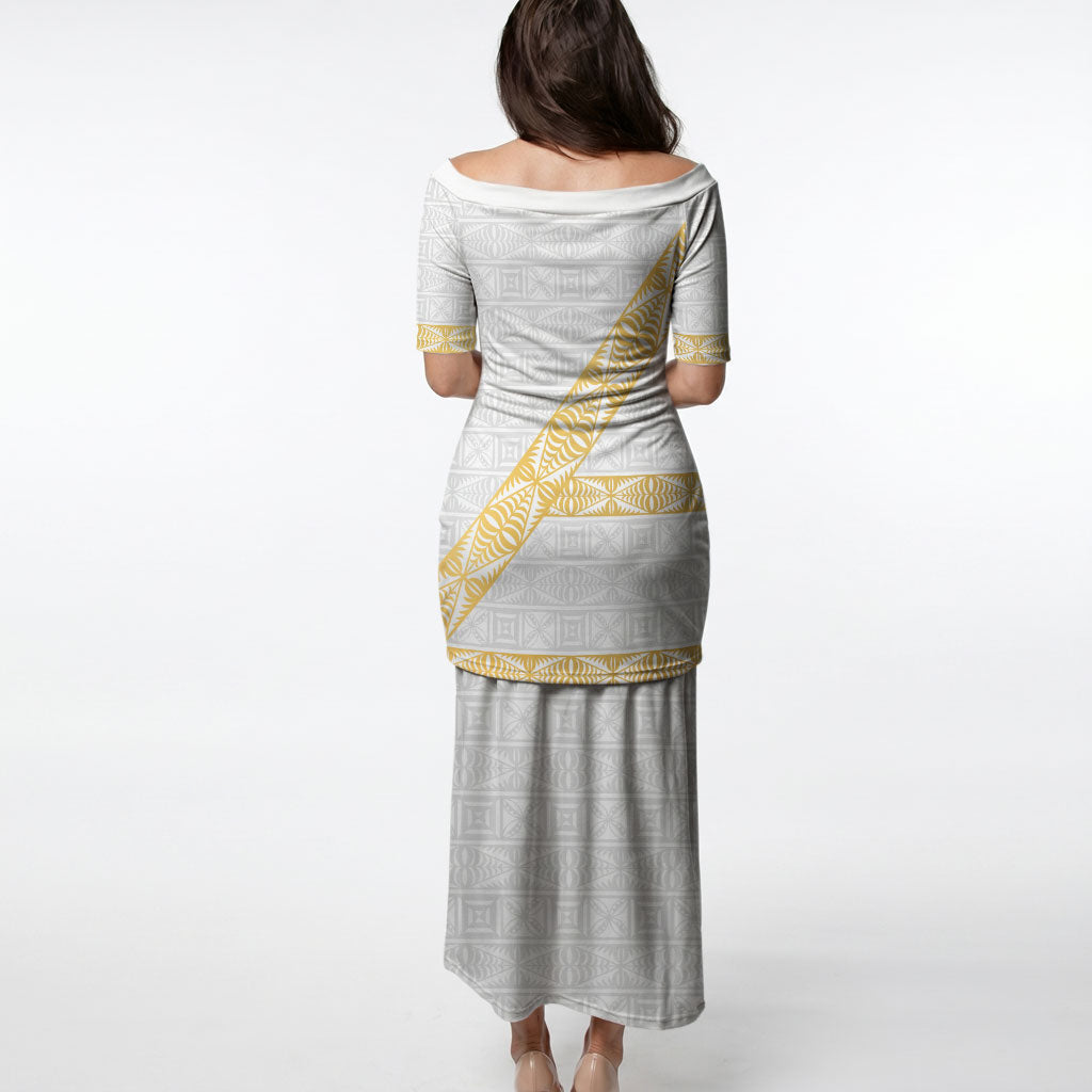 Tonga White Sunday Puletasi Fakame Tongan Ngatu Pattern Gold Strips LT14 - Polynesian Pride