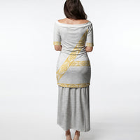 Tonga White Sunday Puletasi Fakame Tongan Ngatu Pattern Gold Strips LT14 - Polynesian Pride
