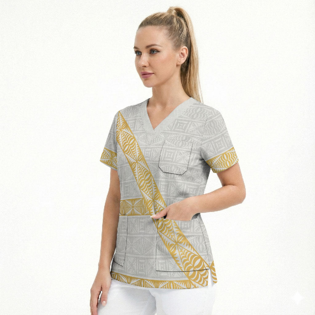 Tonga White Sunday Scrub Top Fakame Tongan Ngatu Pattern Gold Strips LT14 - Polynesian Pride