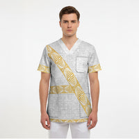 Tonga White Sunday Scrub Top Fakame Tongan Ngatu Pattern Gold Strips LT14 - Polynesian Pride