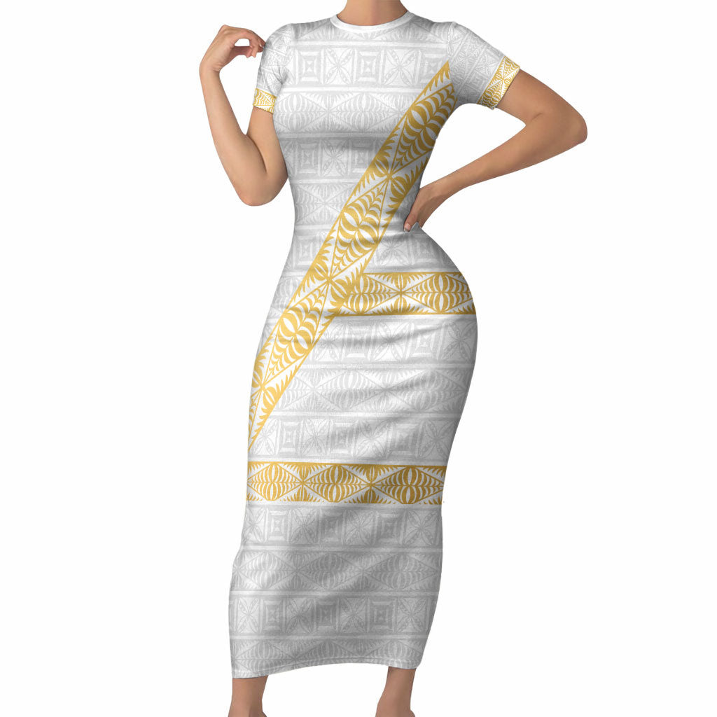 Tonga White Sunday Short Sleeve Bodycon Dress Fakame Tongan Ngatu Pattern Gold Strips