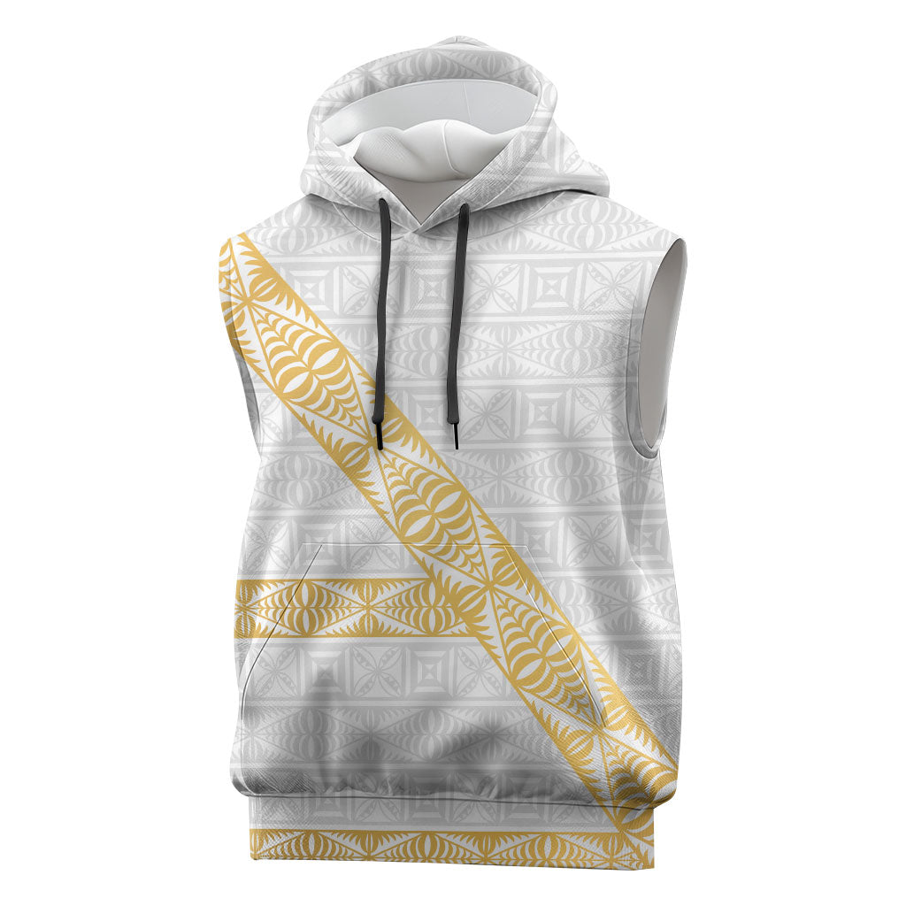 Tonga White Sunday Sleeveless Hoodie Fakame Tongan Ngatu Pattern Gold Strips LT14 White - Polynesian Pride