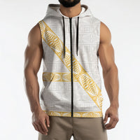 Tonga White Sunday Sleeveless Zip Hoodie Fakame Tongan Ngatu Pattern Gold Strips LT14 - Polynesian Pride