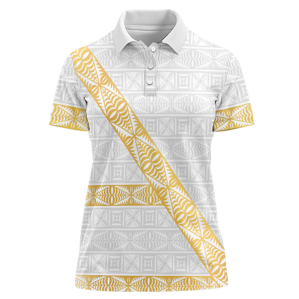 Tonga White Sunday Women Polo Shirt Fakame Tongan Ngatu Pattern Gold Strips LT14 Female White - Polynesian Pride