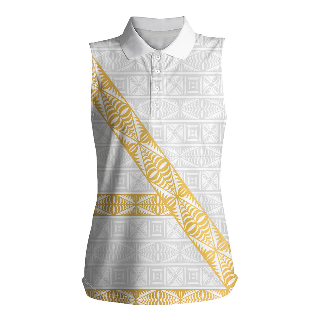 Tonga White Sunday Women Sleeveless Polo Shirt Fakame Tongan Ngatu Pattern Gold Strips LT14 Female White - Polynesian Pride