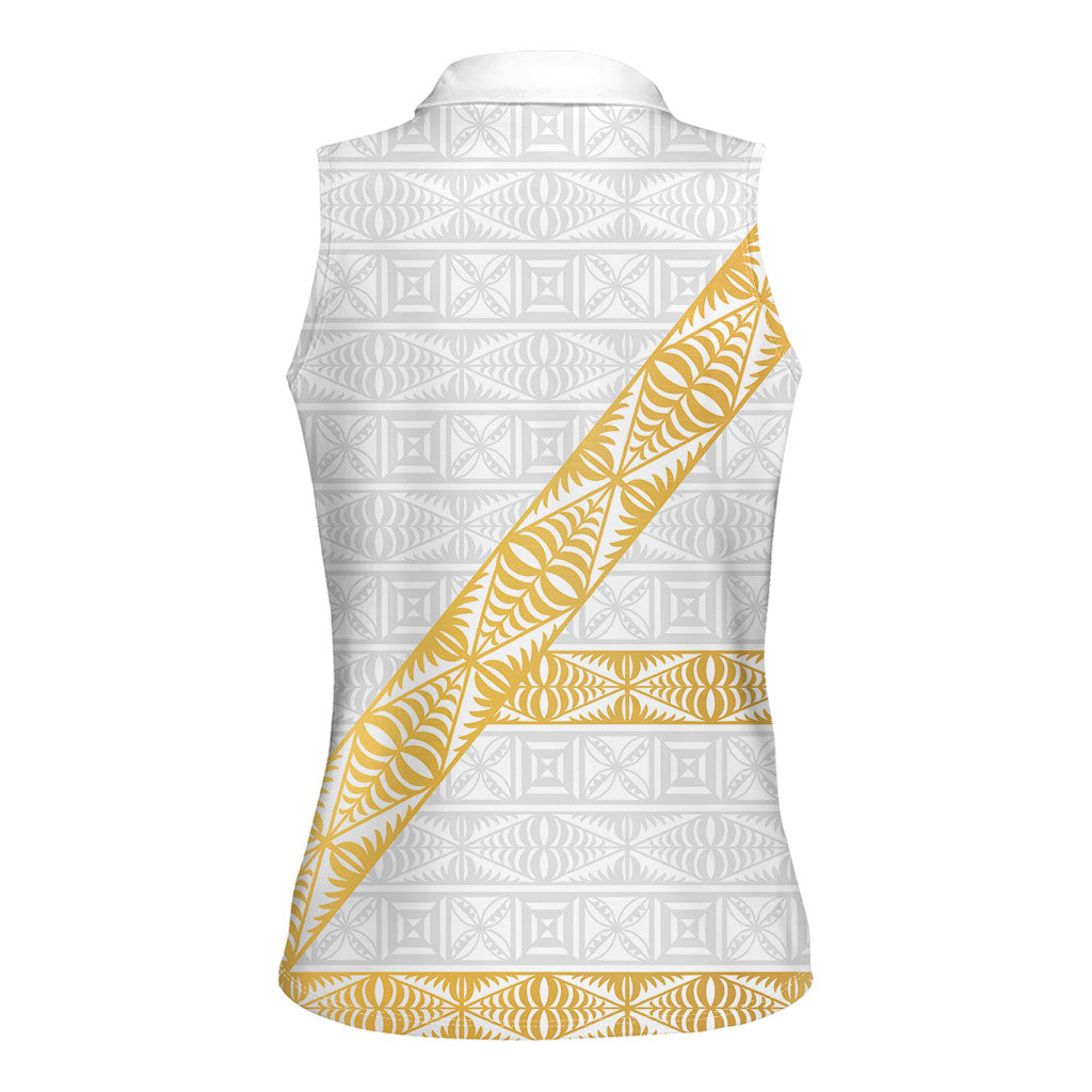 Tonga White Sunday Women Sleeveless Polo Shirt Fakame Tongan Ngatu Pattern Gold Strips LT14 - Polynesian Pride