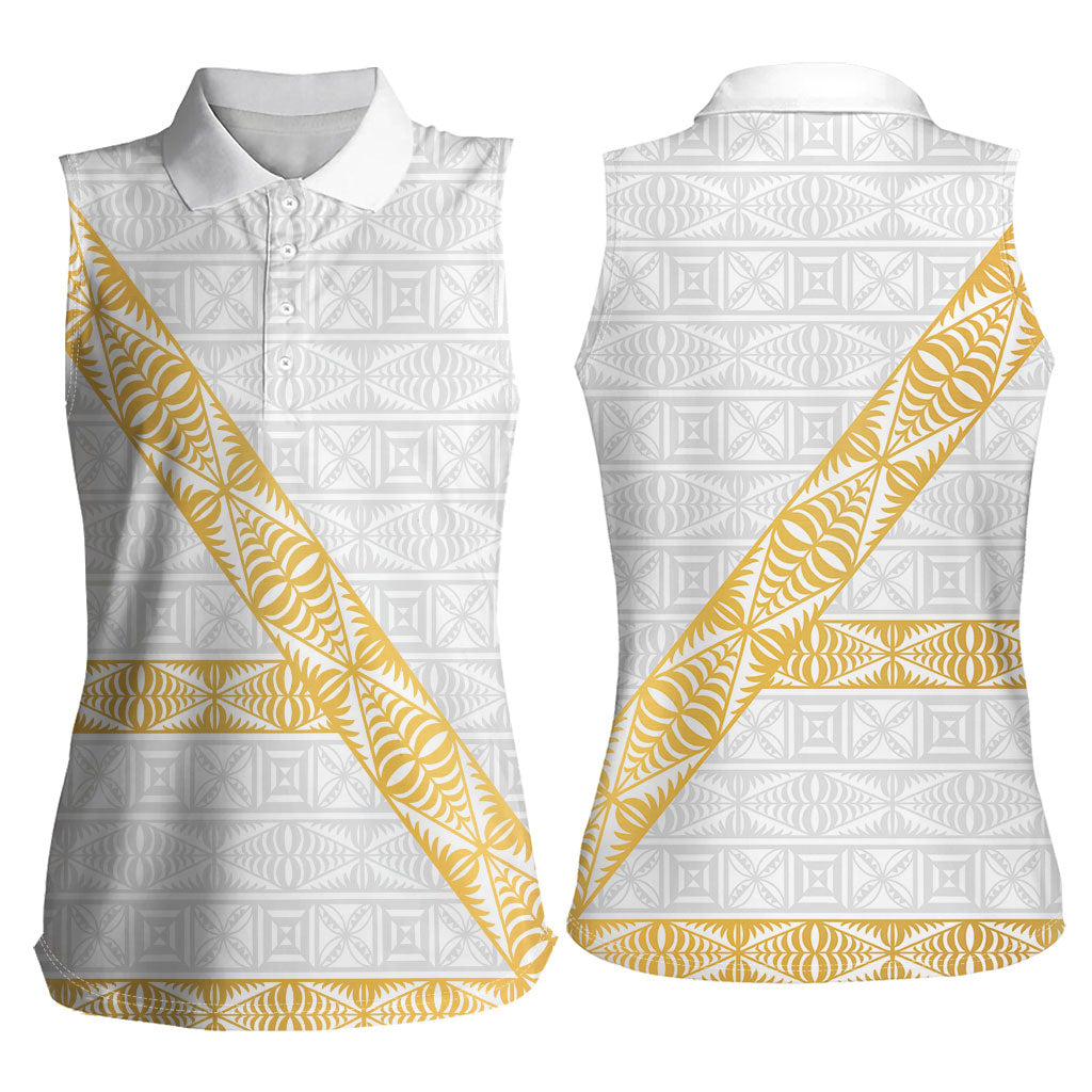 Tonga White Sunday Women Sleeveless Polo Shirt Fakame Tongan Ngatu Pattern Gold Strips LT14 - Polynesian Pride