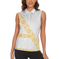 Tonga White Sunday Women Sleeveless Polo Shirt Fakame Tongan Ngatu Pattern Gold Strips LT14 - Polynesian Pride