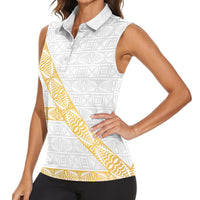 Tonga White Sunday Women Sleeveless Polo Shirt Fakame Tongan Ngatu Pattern Gold Strips LT14 - Polynesian Pride