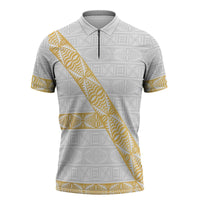 Tonga White Sunday Zipper Polo Shirt Fakame Tongan Ngatu Pattern Gold Strips LT14 White - Polynesian Pride