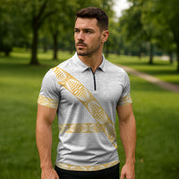 Tonga White Sunday Zipper Polo Shirt Fakame Tongan Ngatu Pattern Gold Strips LT14 - Polynesian Pride