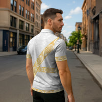 Tonga White Sunday Zipper Polo Shirt Fakame Tongan Ngatu Pattern Gold Strips LT14 - Polynesian Pride
