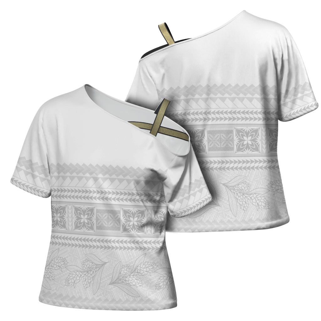 Samoa White Sunday Cross Shoulder Shirt Lotu Tamaiti Samoan Siapo Teuila Flowers LT14 - Polynesian Pride