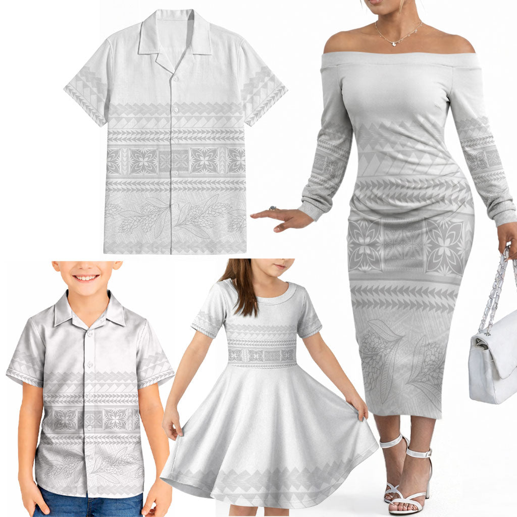 Samoa White Sunday Family Matching Off The Shoulder Long Sleeve Dress and Hawaiian Shirt Lotu Tamaiti Samoan Siapo Teuila Flowers LT14 - Polynesian Pride