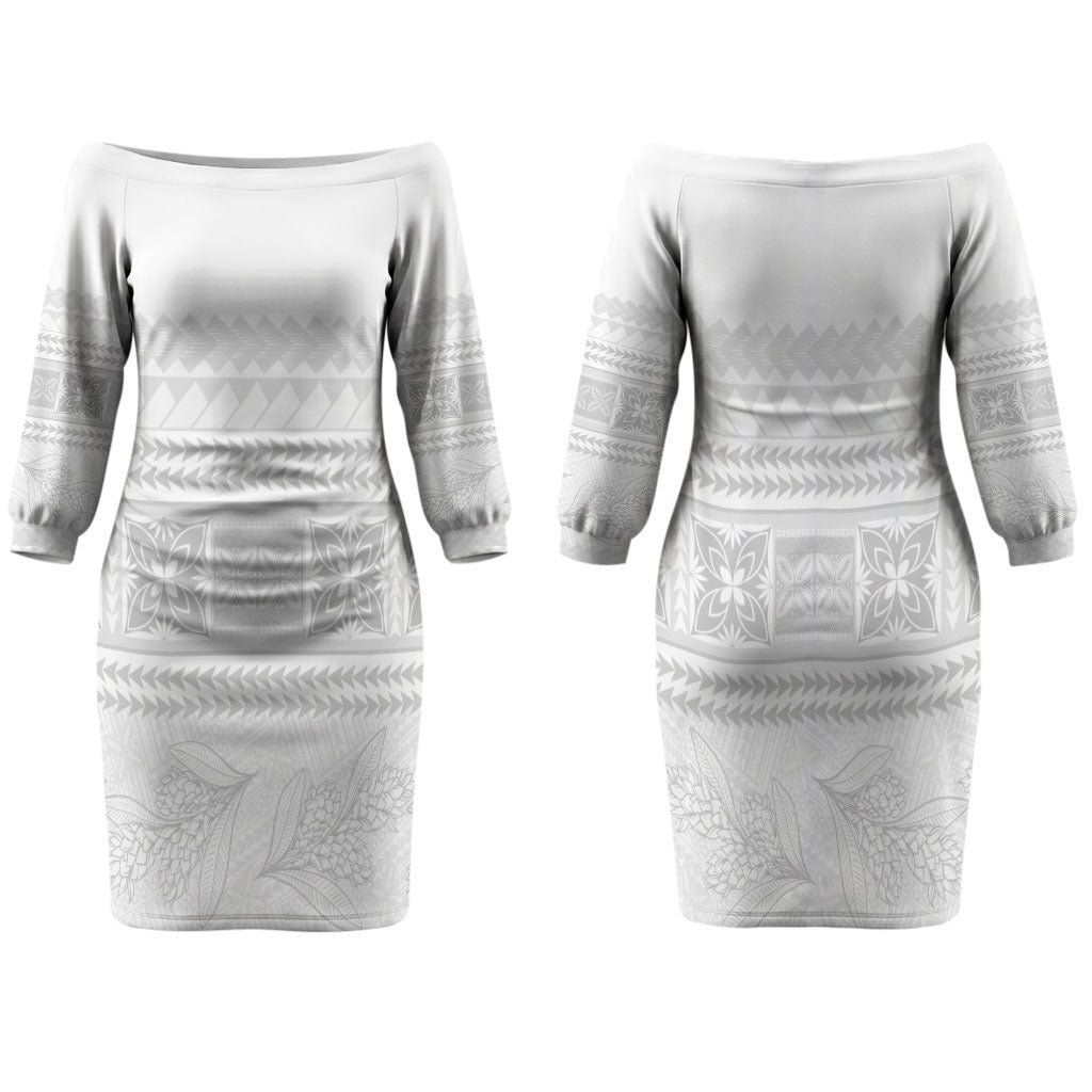 Samoa White Sunday Family Matching Off The Shoulder Long Sleeve Dress and Hawaiian Shirt Lotu Tamaiti Samoan Siapo Teuila Flowers LT14 Mom's Dress White - Polynesian Pride