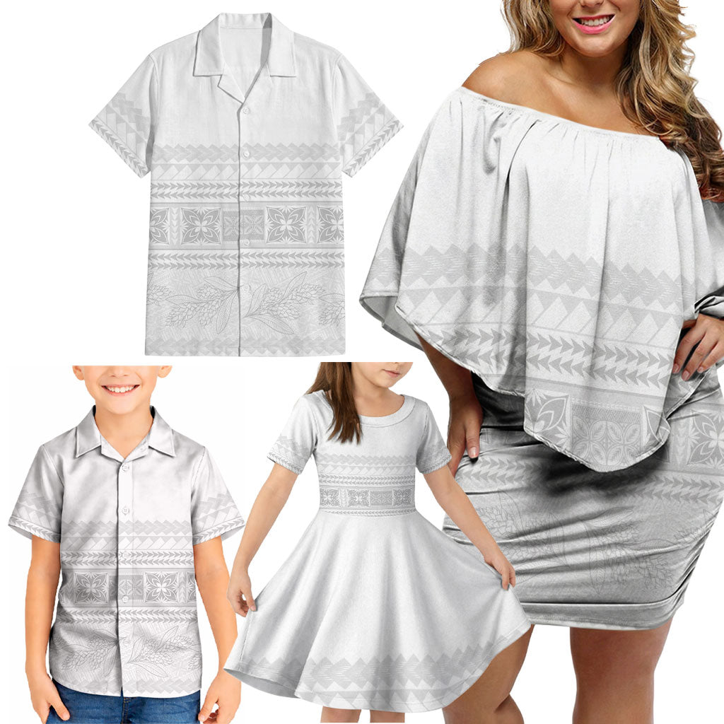 Samoa White Sunday Family Matching Off Shoulder Short Dress and Hawaiian Shirt Lotu Tamaiti Samoan Siapo Teuila Flowers LT14 - Polynesian Pride