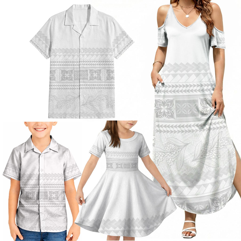 Samoa White Sunday Family Matching Summer Maxi Dress and Hawaiian Shirt Lotu Tamaiti Samoan Siapo Teuila Flowers