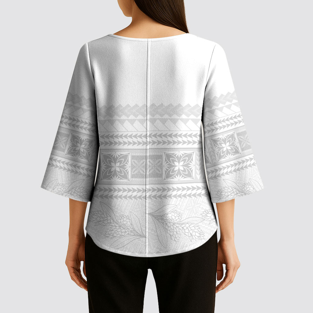Samoa White Sunday Kimono Sleeve Blouse Lotu Tamaiti Samoan Siapo Teuila Flowers