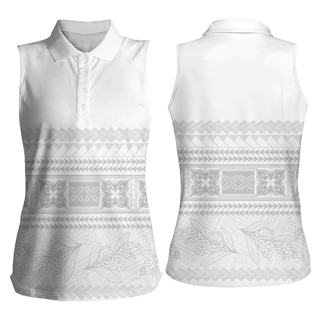 Samoa White Sunday Women Sleeveless Polo Shirt Lotu Tamaiti Samoan Siapo Teuila Flowers LT14 - Polynesian Pride