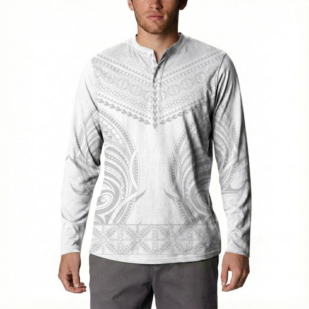 Niue White Sunday Button Sweatshirt Aho Tapu Fanau Hiapo Pattern LT14 - Polynesian Pride
