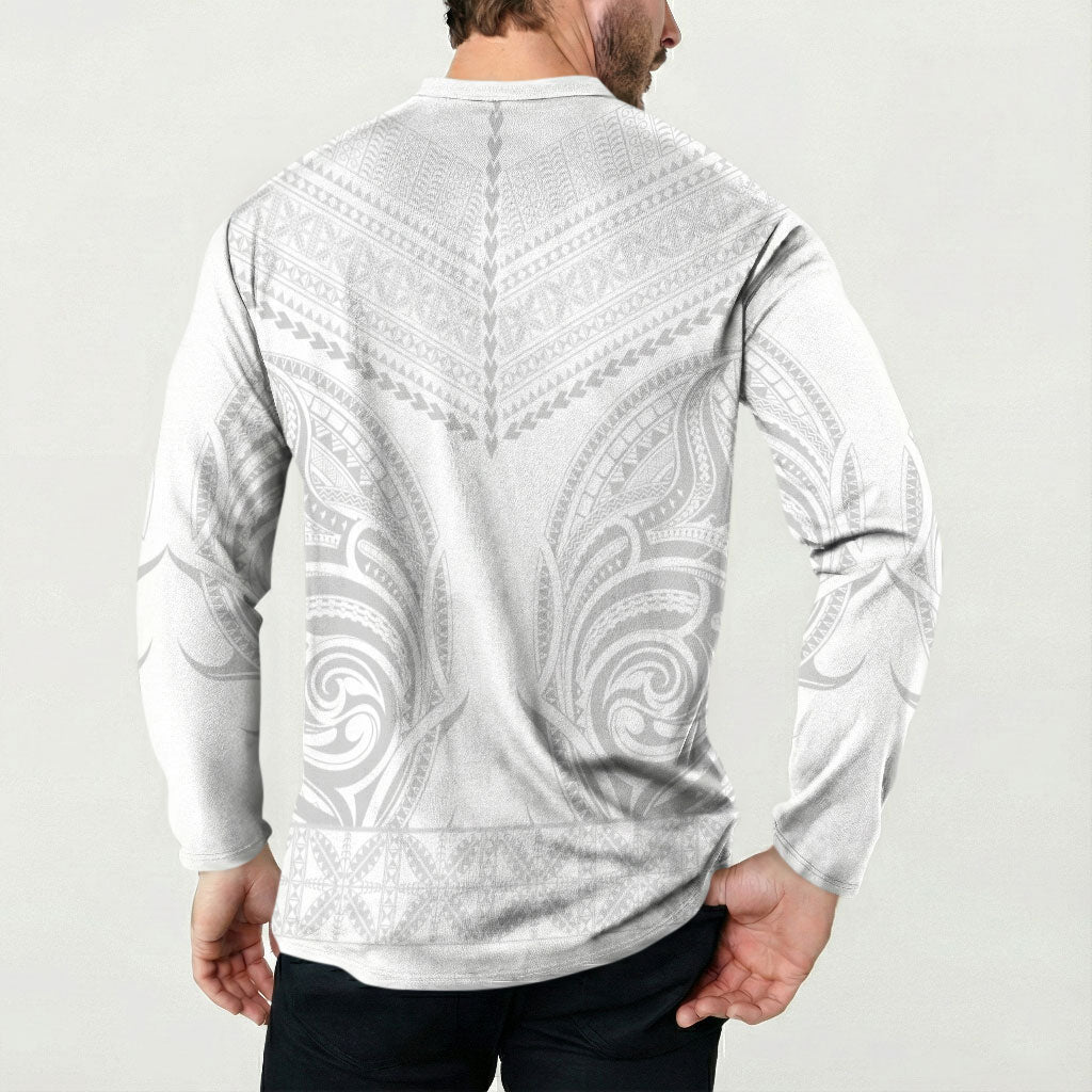 Niue White Sunday Button Sweatshirt Aho Tapu Fanau Hiapo Pattern LT14 - Polynesian Pride
