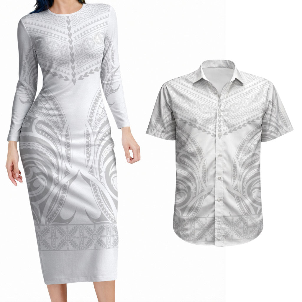 Niue White Sunday Couples Matching Long Sleeve Bodycon Dress and Hawaiian Shirt Aho Tapu Fanau Hiapo Pattern LT14 White - Polynesian Pride