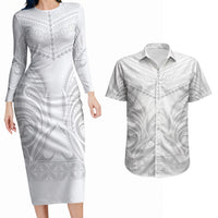 Niue White Sunday Couples Matching Long Sleeve Bodycon Dress and Hawaiian Shirt Aho Tapu Fanau Hiapo Pattern LT14 White - Polynesian Pride