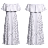 Niue White Sunday Couples Matching Off Shoulder Maxi Dress and Long Sleeve Button Shirt Aho Tapu Fanau Hiapo Pattern LT14 - Polynesian Pride