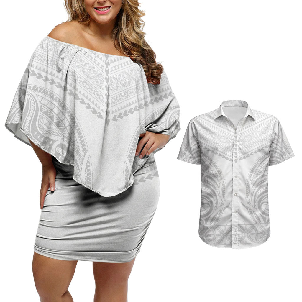 Niue White Sunday Couples Matching Off Shoulder Short Dress and Hawaiian Shirt Aho Tapu Fanau Hiapo Pattern