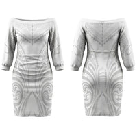 Niue White Sunday Couples Matching Off The Shoulder Long Sleeve Dress and Hawaiian Shirt Aho Tapu Fanau Hiapo Pattern LT14 - Polynesian Pride