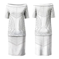 Niue White Sunday Couples Matching Puletasi and Long Sleeve Button Shirt Aho Tapu Fanau Hiapo Pattern LT14 - Polynesian Pride