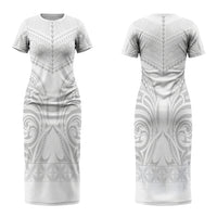 Niue White Sunday Couples Matching Short Sleeve Bodycon Dress and Long Sleeve Button Shirt Aho Tapu Fanau Hiapo Pattern LT14 - Polynesian Pride