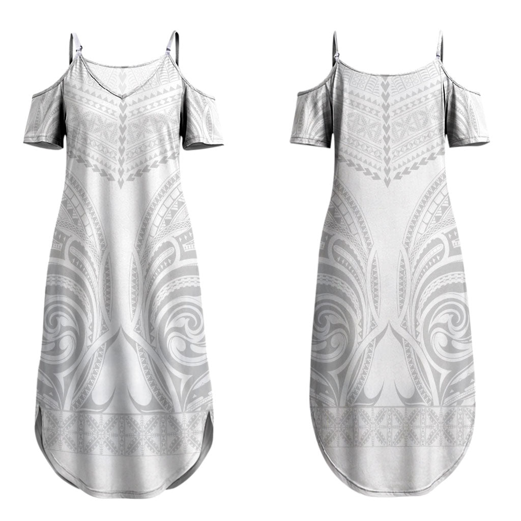 Niue White Sunday Couples Matching Summer Maxi Dress and Long Sleeve Button Shirt Aho Tapu Fanau Hiapo Pattern LT14 - Polynesian Pride