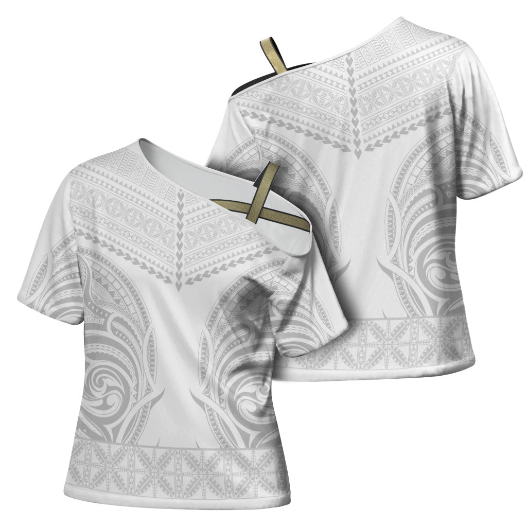 Niue White Sunday Cross Shoulder Shirt Aho Tapu Fanau Hiapo Pattern LT14 - Polynesian Pride