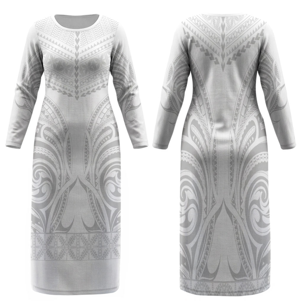 Niue White Sunday Family Matching Long Sleeve Bodycon Dress and Hawaiian Shirt Aho Tapu Fanau Hiapo Pattern LT14 Mom's Dress White - Polynesian Pride