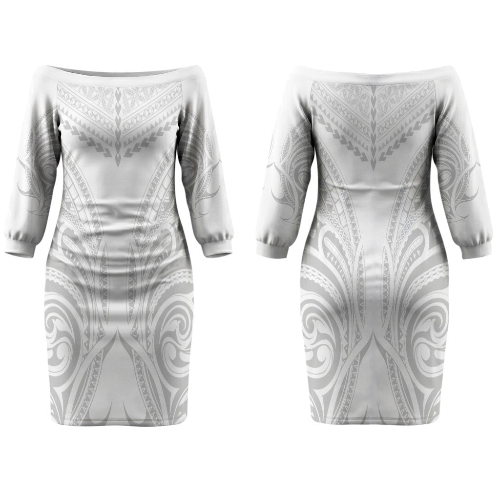 Niue White Sunday Family Matching Off The Shoulder Long Sleeve Dress and Hawaiian Shirt Aho Tapu Fanau Hiapo Pattern LT14 Mom's Dress White - Polynesian Pride