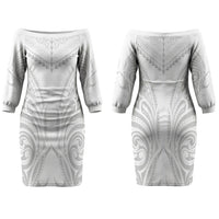 Niue White Sunday Family Matching Off The Shoulder Long Sleeve Dress and Hawaiian Shirt Aho Tapu Fanau Hiapo Pattern LT14 Mom's Dress White - Polynesian Pride